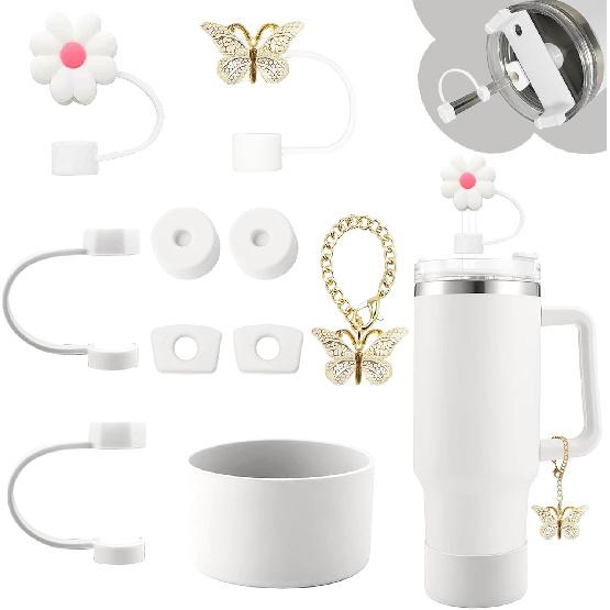 Cup Accessories for Stanley 30oz&40oz Tumbler including Flower Butterfly Straw Topper Cover, Spill Proof Stopper, Silicone Cup Boot, Butterfly Charms