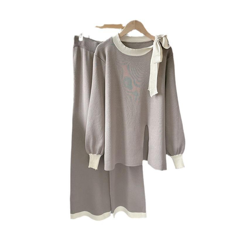 Autumn and Winter Fashion Round Neck Tie Lantern Sleeve Knitted Suit Women High Waist Casual Pants Suit