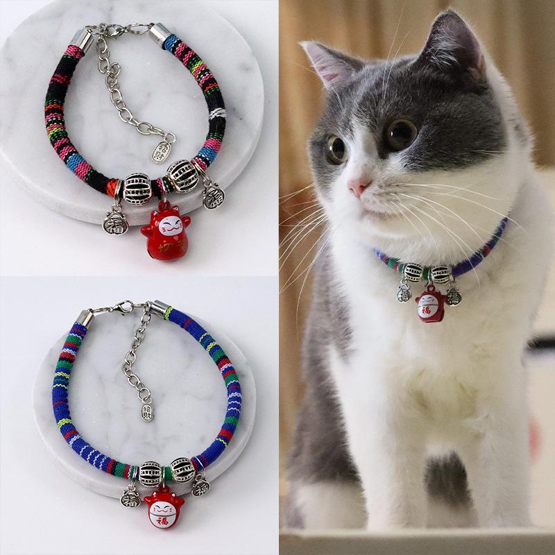 Handmade pet hand-woven lucky cat collar cartoon bell jewelry neck ring hand-woven