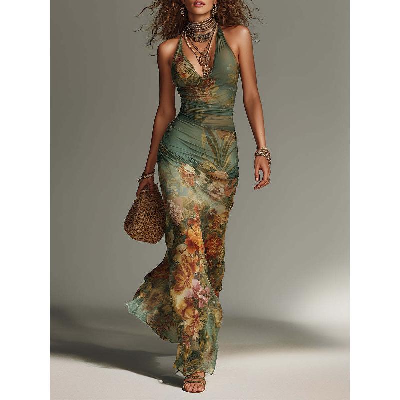 Abito Estivo Bohemien da Donna Retro Stampato Schiena Nuda con Bretelle e Fasciatura Monopezzo Orlo Ampio Stile Vacanza