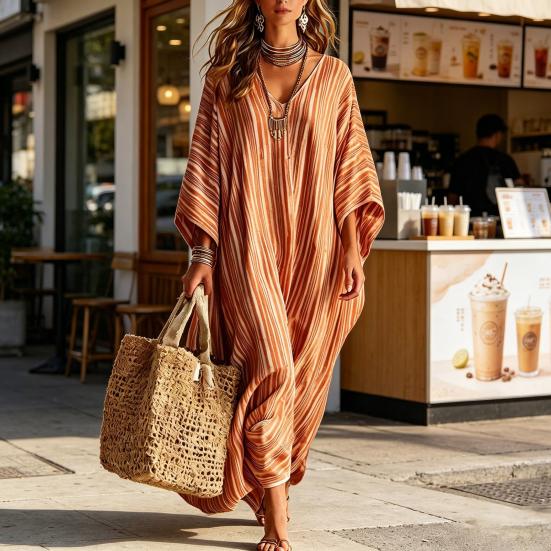 Women's Summer Striped Maxi Dress Loose Fit V-Neck 46085 Sleeve Boho Long Dress Casual