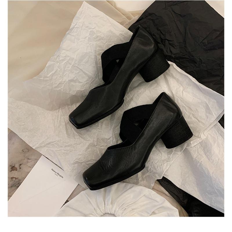 Sheepskin~ Square head pig nose leather shoes elastic band ballet Mary Jane shoes women's thick heel light mouth versatile single shoes