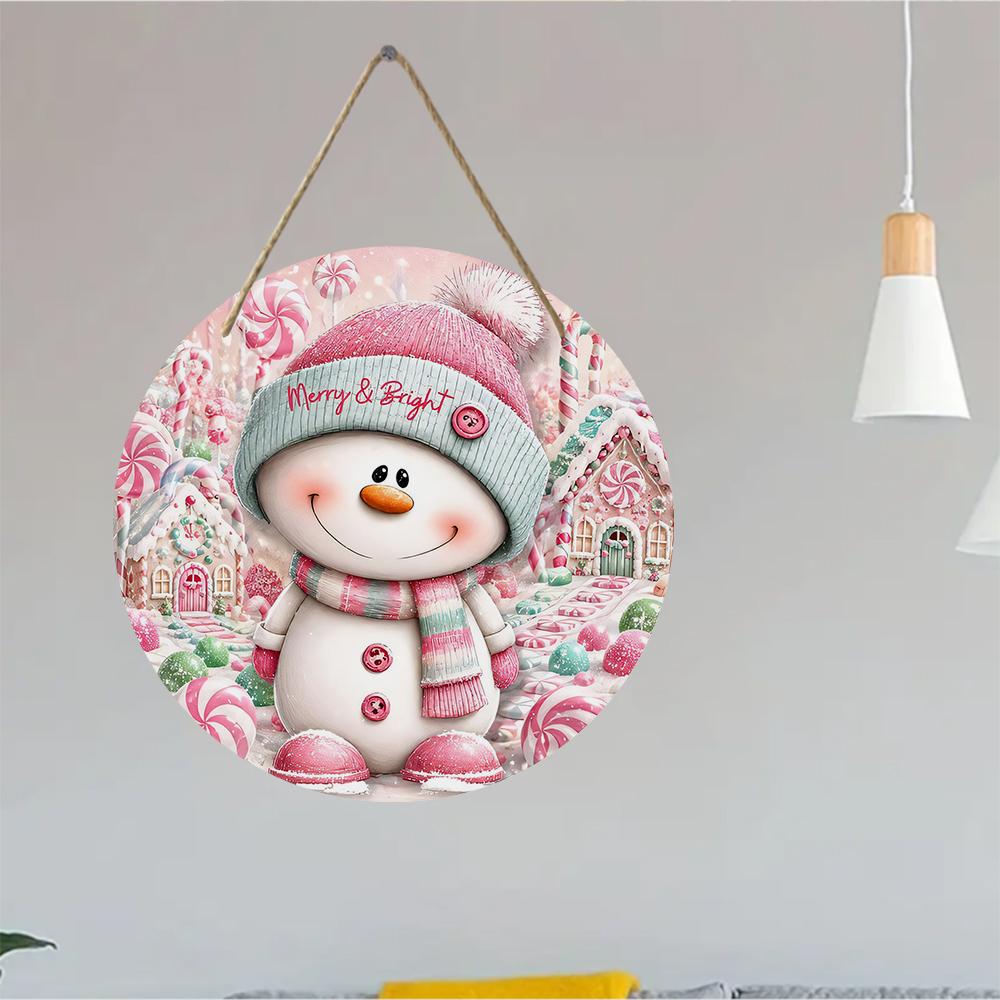 Pink snowman candy land themed round wooden hanging plaque natural wood wall sign farmhouse front door ornament festive home decor