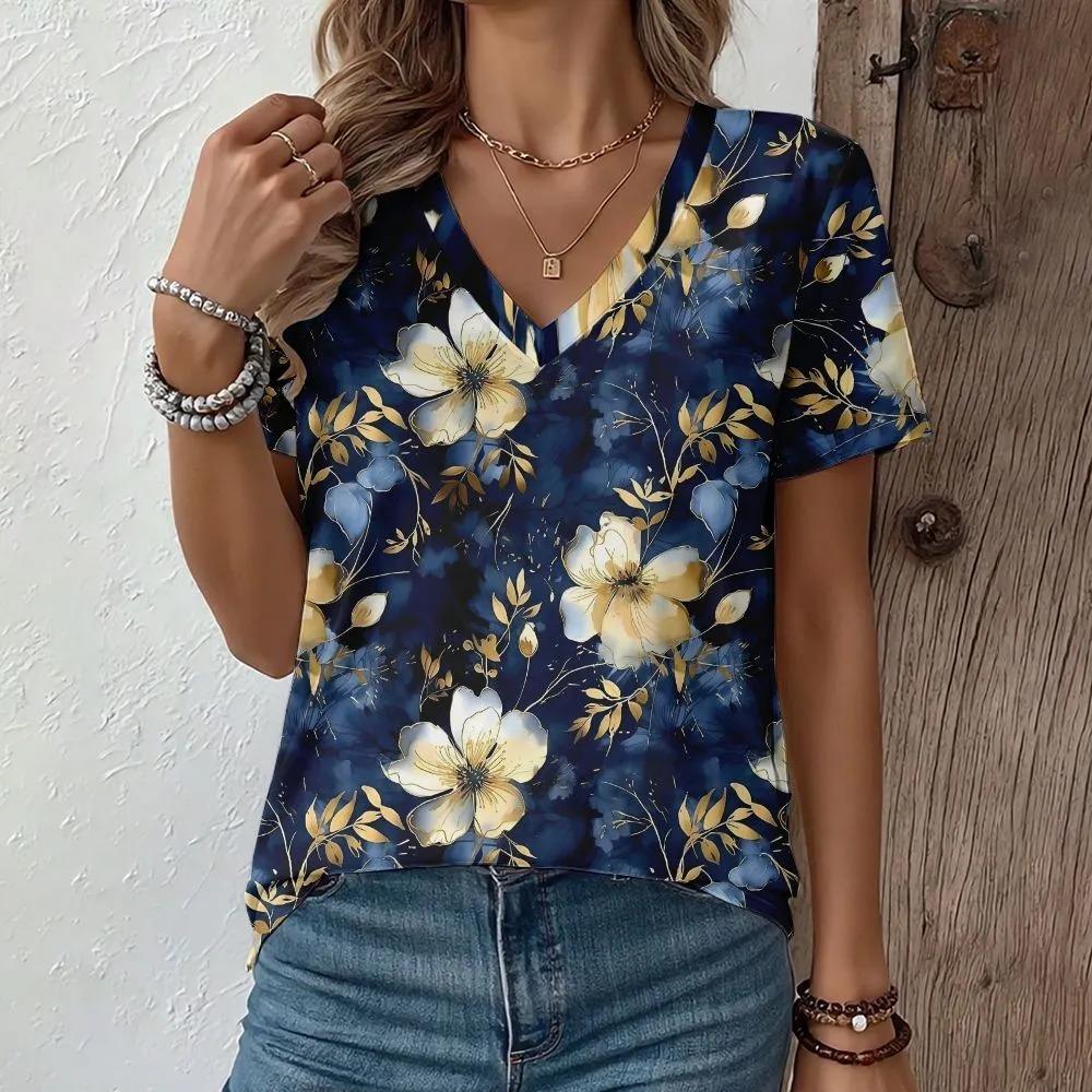 Creative Flower Colorful Pattern Summer Soft Fashionable Comfortable Women's T-Shirts Casual Breathable Loose V-Neck Short-Sleeve T-Shirt
