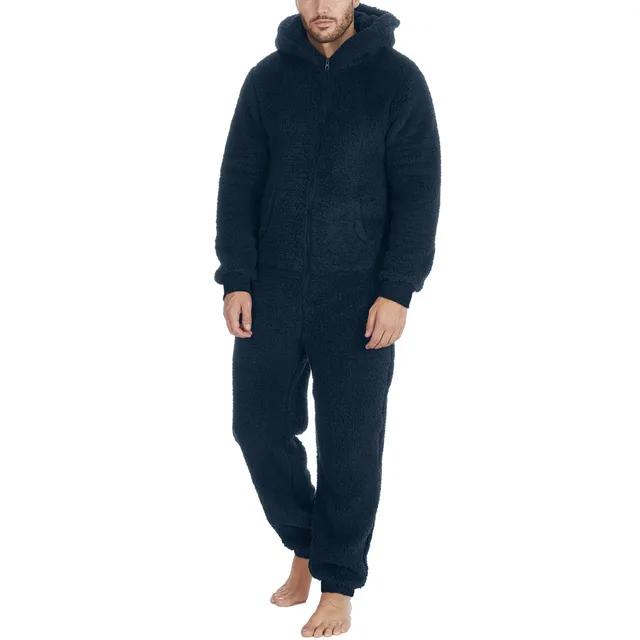 Pijamale Călduroase de Iarnă din Fleece Teddy pentru Bărbați Onesie de Pluș cu Fermoar Pijamale Pufoase cu Glugă Dintr-o Bucată pentru Dormit și Relaxare