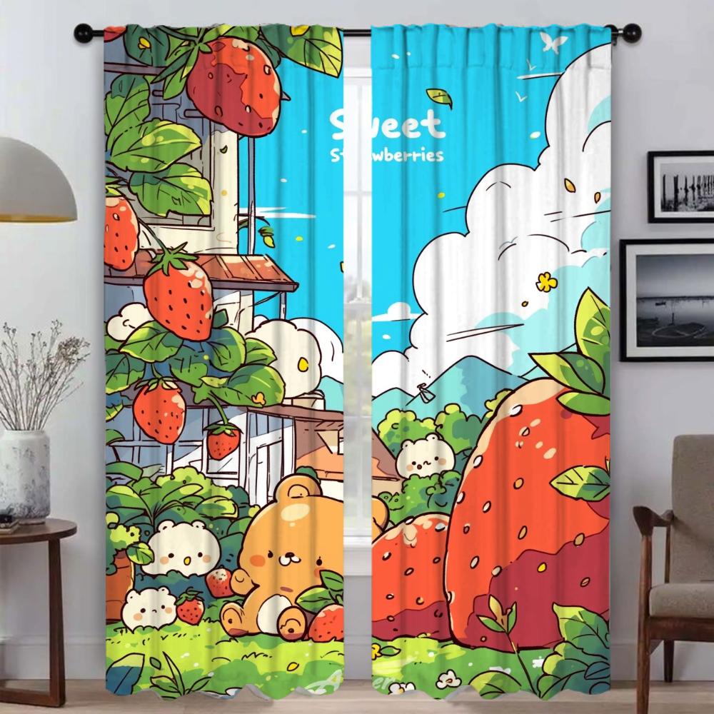 Cartoon Strawberry Garden Curtains Child Room Window Curtain for Room 2 Panel Halloween Decoration Tulle for Bedroom Shades Home