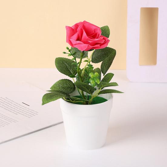 Artificial Potted Rose Desktop Faux Rose Bonsai Reusable Artificial Rose in Flower Pot for Home Office Decor Photography Prop