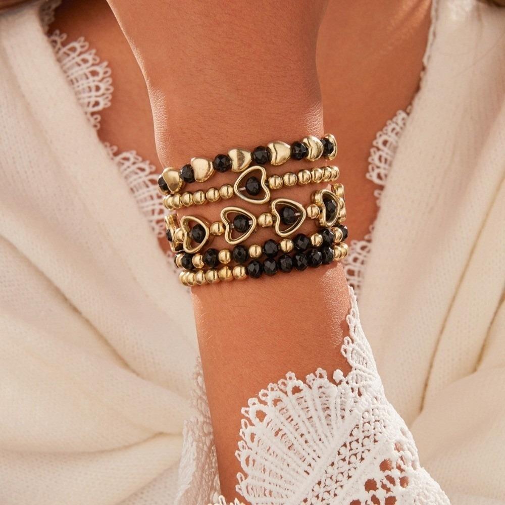 5PCS/SET Elegant Crystal Heart Bracelet Dainty Universal Beaded Bracelet Set Stretch Design Color Blocking