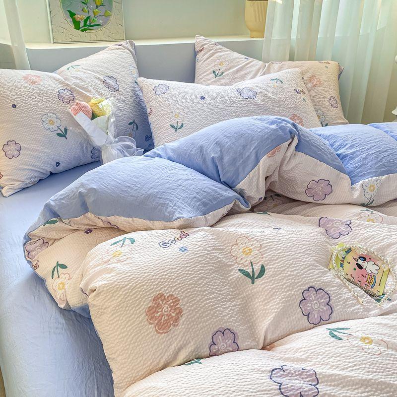 Nordická jednoduchá pruhovaná malá černá kočka praná bavlna čtyřdílná sada kreslený povlak na přikrývku prostěradlo studentská kolej třídílná sada