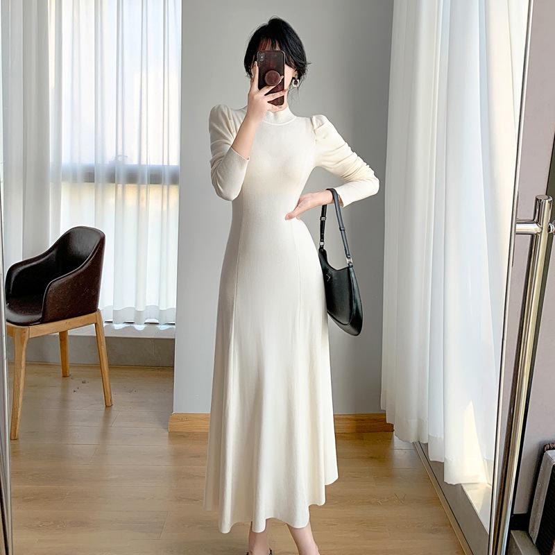 Autumn/Winter Long Wool Over-Knee Knit Dress with Semi-High Neck for Women