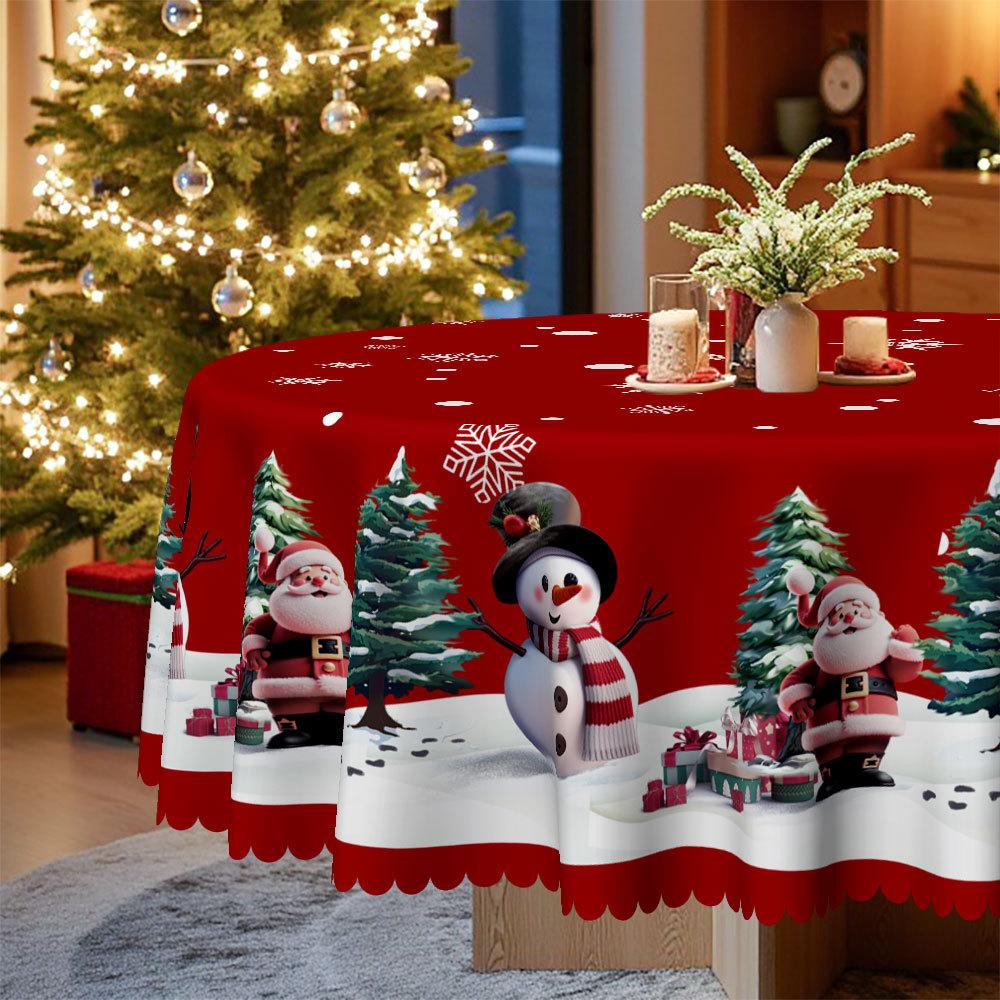 Christmas Themed Red Tablecloth Snowman Christmas Tree Cartoon Print, Waterproof And Washable, Indoor And Outdoor Party Decoration