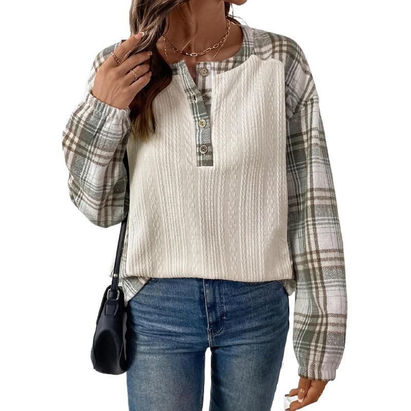 Blusa da donna autunnale e invernale a patchwork a quadri a maniche lunghe con scollo rotondo