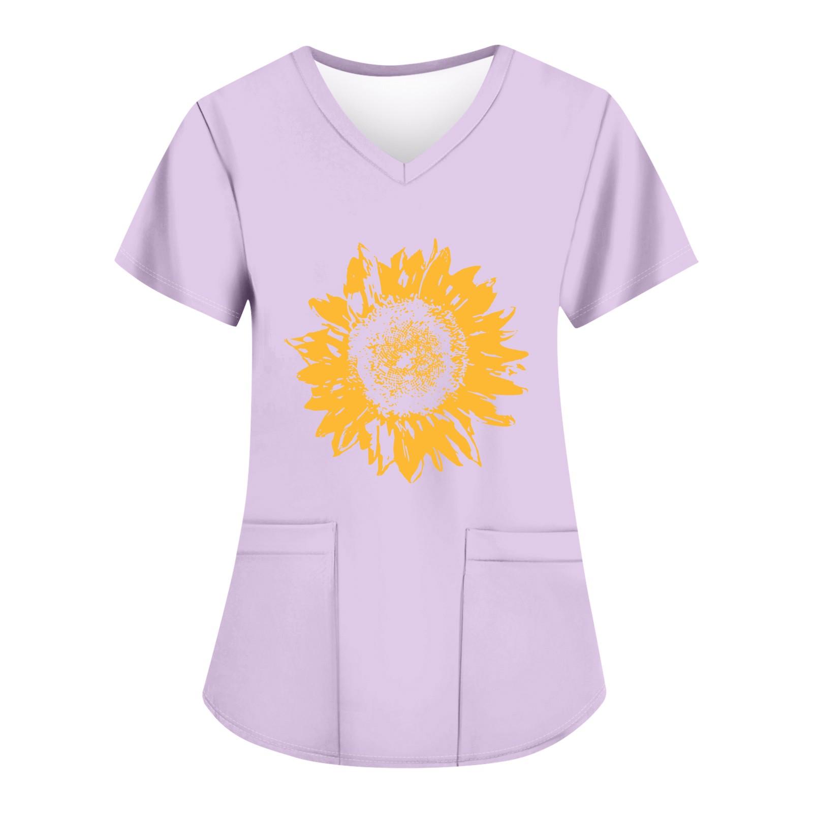 

Женские модные топы с короткими рукавами и V-образным вырезом с принтом, рабочие футболки с карманами M фиолетовый