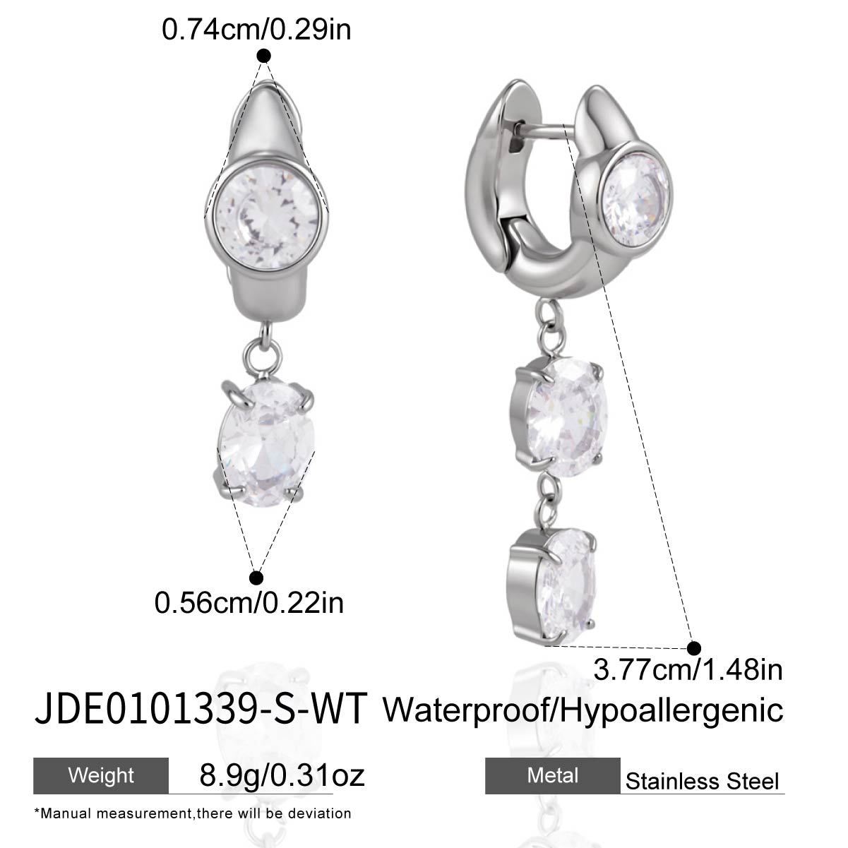 Stainless Steel Inlaid Zircon Pendant Earrings, Hypoallergenic Two Tone Gemstone Earrings, Fashionable and Simple Jewelry