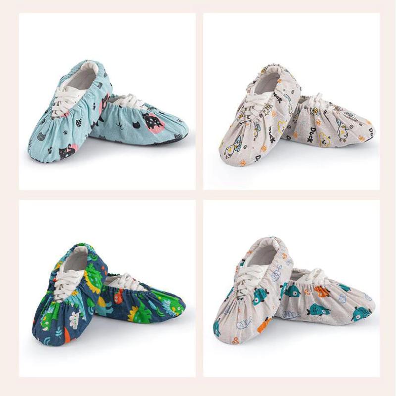 High Stretch Bunched Household Shoe Cover Washable Reusable Canvas Printed Foot Cover Room Non-Slip Cartoon Child Shoe Cover