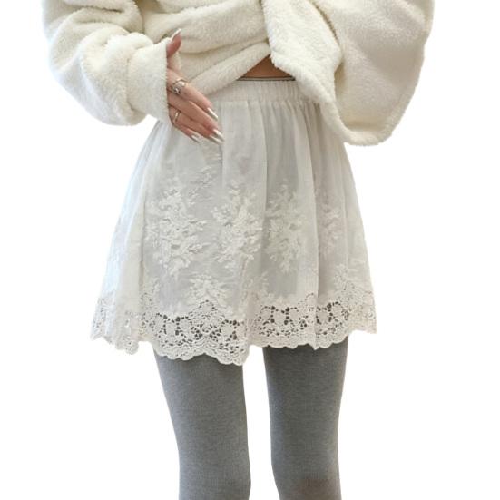 Women Shirt Extender Elastic High Waist Hollow Embroidery Lace Flower Pattern Mini Skirt Solid Color Butt Curtain Extension