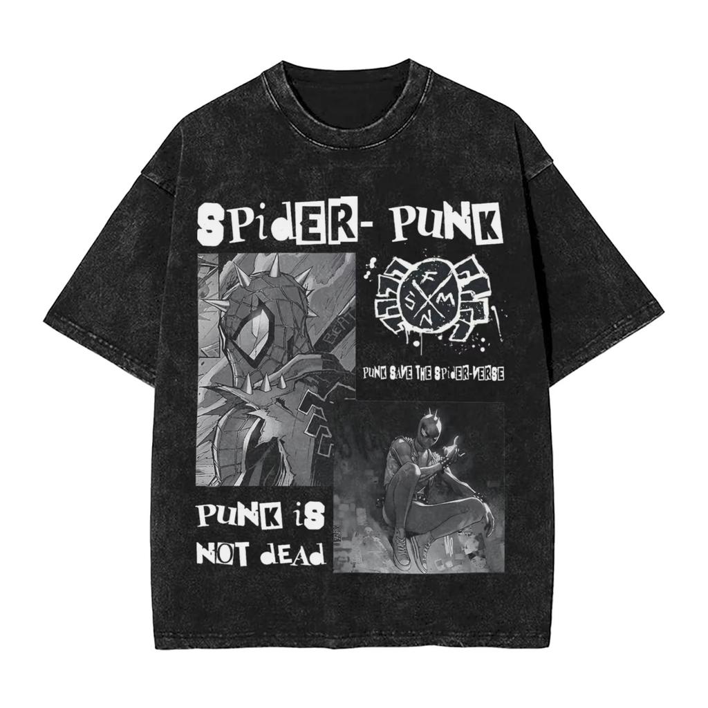 Hot-blooded Anime Spider Punk Spiderman Cartoon Graphic Print T-Shirt Men Women Vintage Washed Cotton Summer New Tee Harajuku Fashion Oversized Top