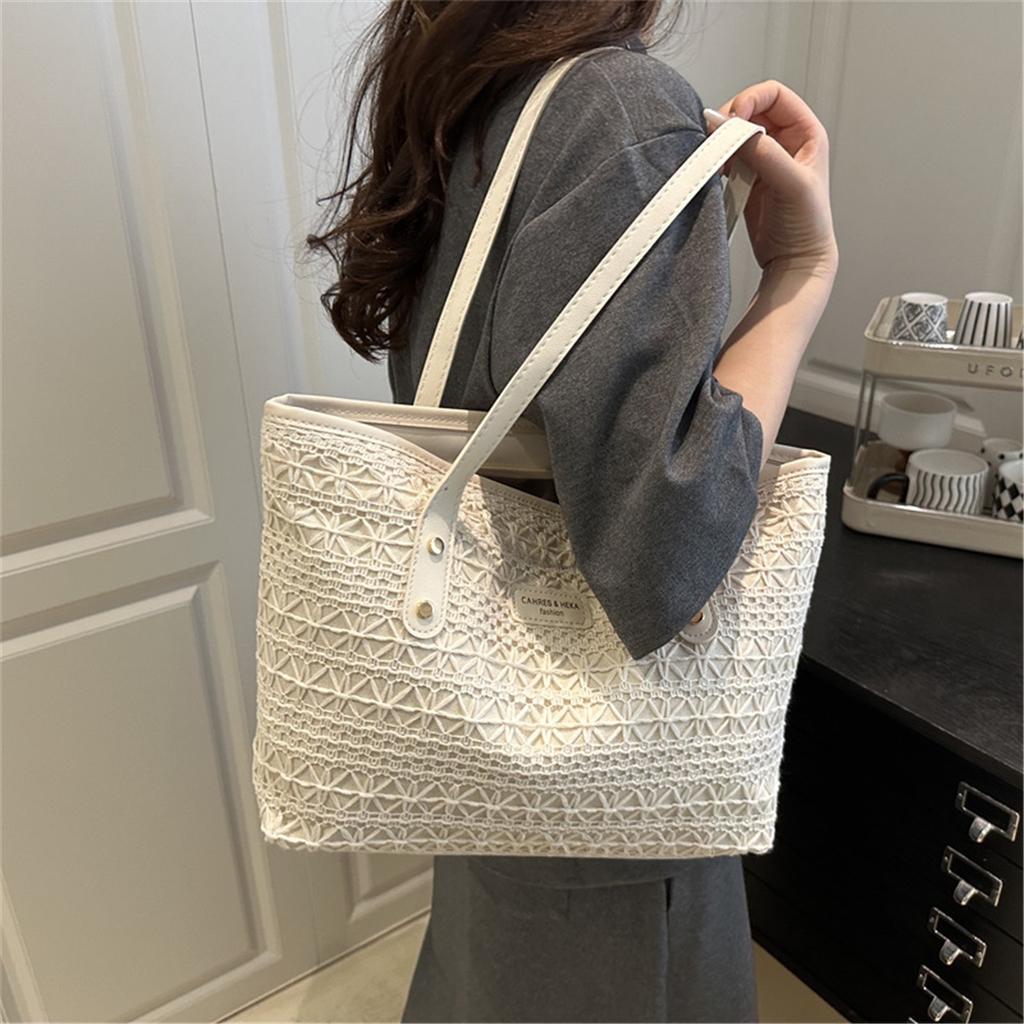 Frisches Temperament Modedesign Ozeanisches Colorblocking Strohstruktur Einzelne Schulter Achseltasche Damen