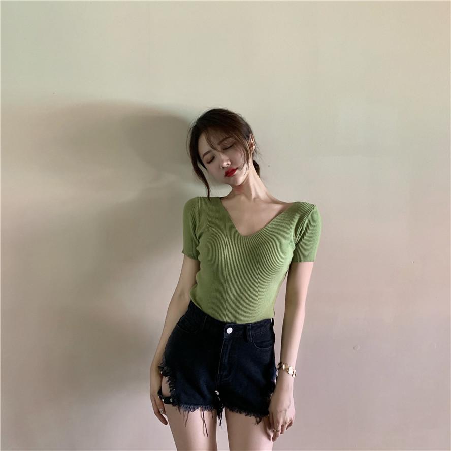 Women Spring Summer Pullovers Knitted Sweaters Primer Shirt Short Sleeve V-Neck Slim Bottoming Tops Solid Color One Size