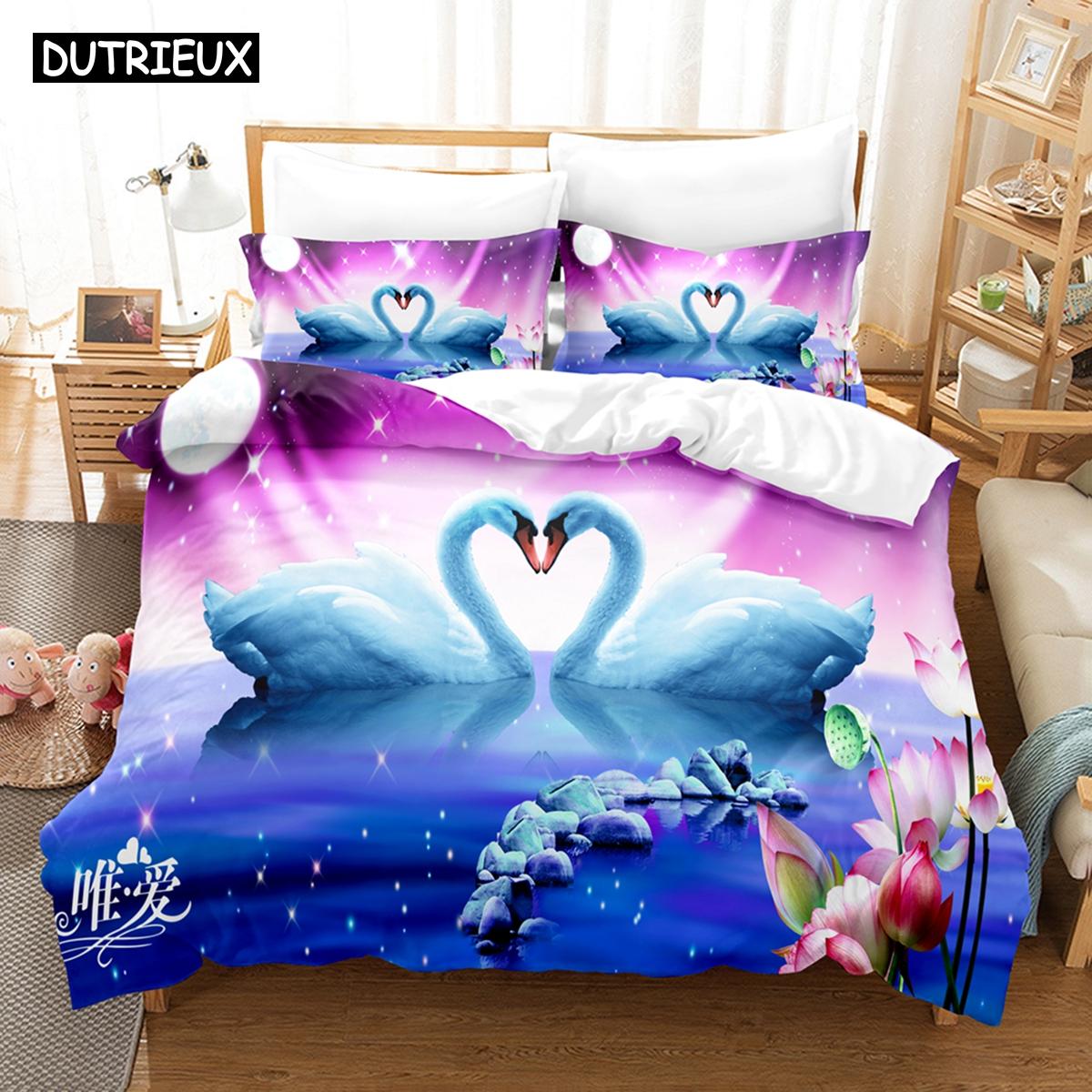 

Комплекты постельного белья с рисунком лебедя 3D, пододеяльник с наволочкой, двуспальная кровать, двуспальная кровать, постельное белье размера «king-size» EU single(135x200cm)