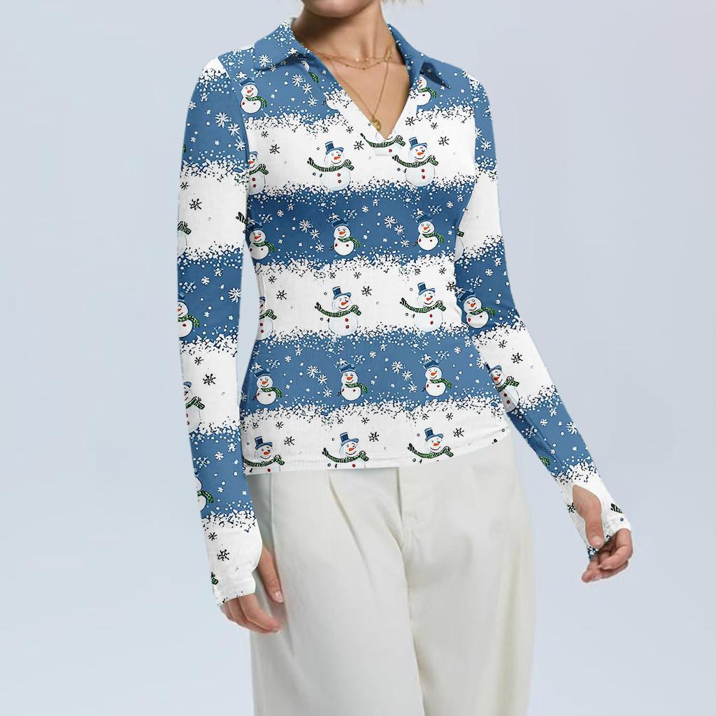 Damenmode Lässig Weihnachts-Print V-Ausschnitt Langarm Knopfleiste Oberteil