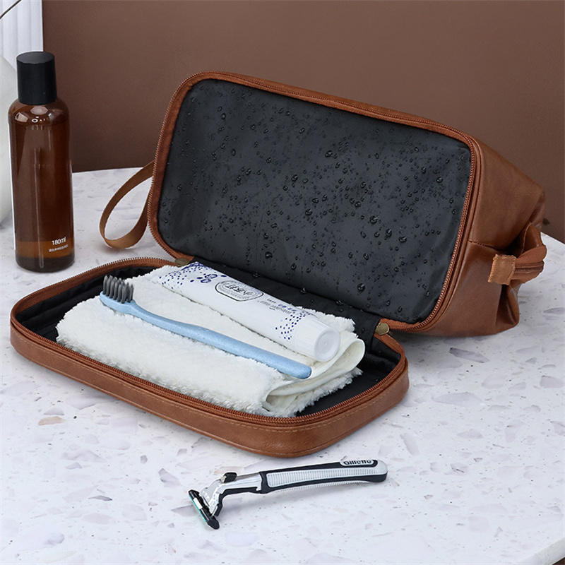 Double-Layered Toiletry Bag for Men Dad Husband Lightweight Leather Travel Shaving Kit Organizer Cosmetic Zipper Pouch