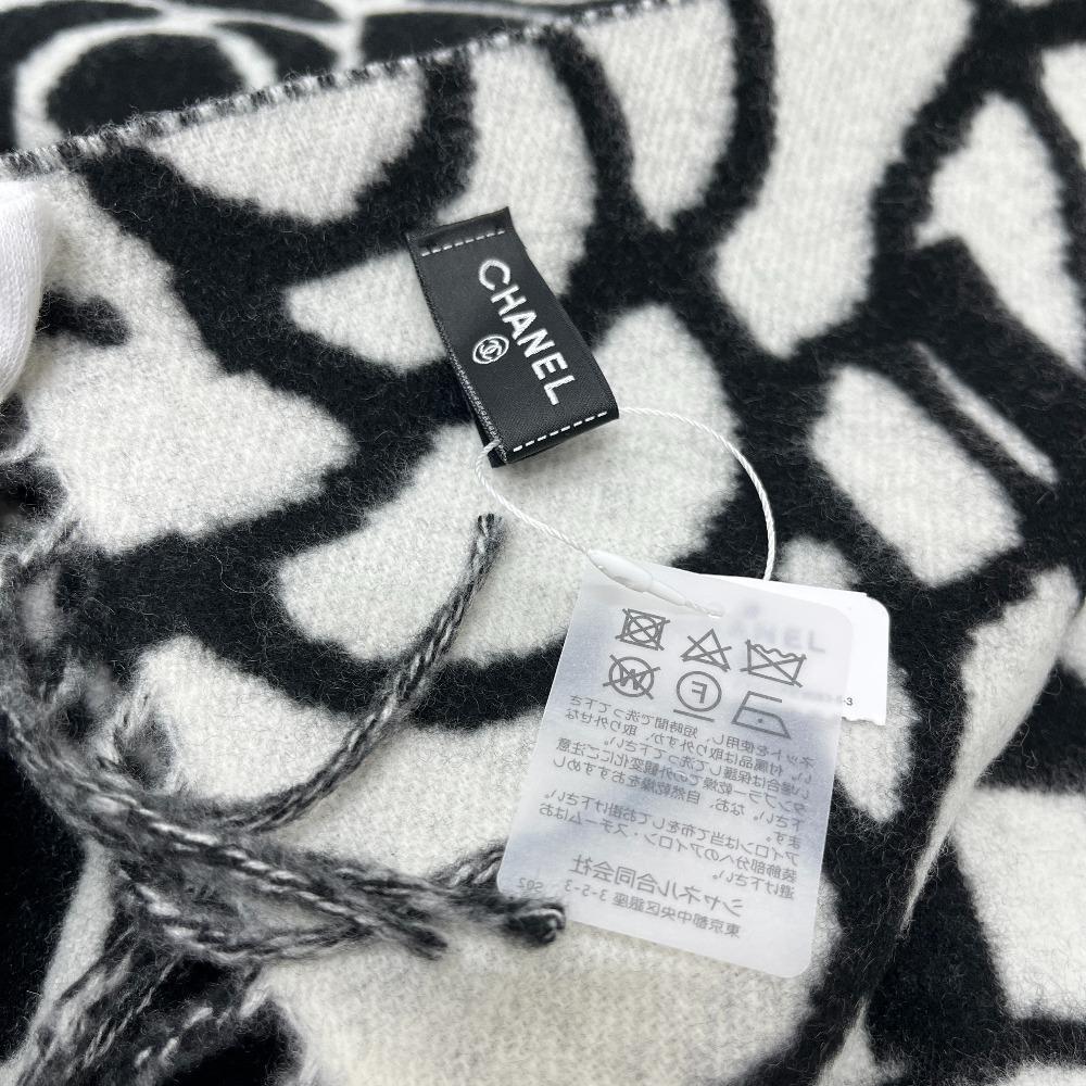 Chanel Camellia CC Mark Large Format Muffler Scarf Cashmere Black/White Unused