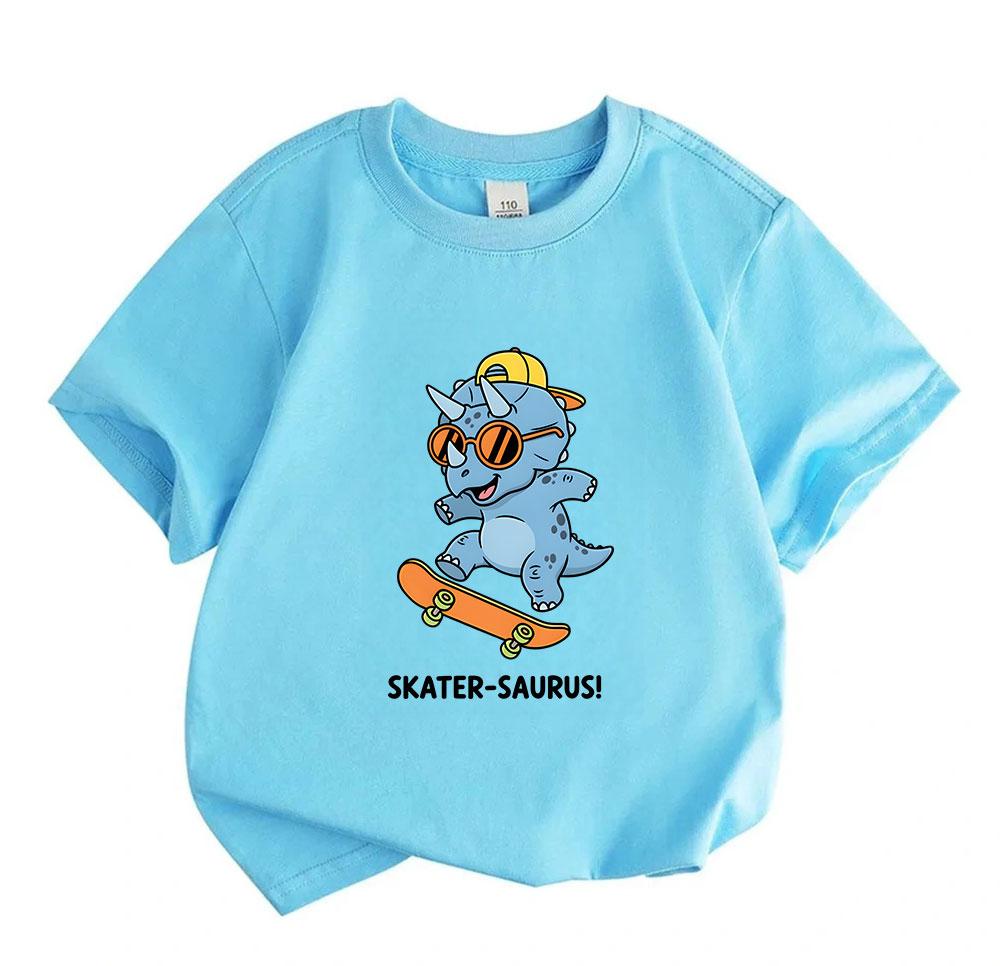 Kids Boys Girls 100% Cotton Crew Neck Short Sleeve T-Shirt, Cool Cartoon Skater Triceratops Dinosaur Skateboard Printed Casual Tees for Toddler Childr
