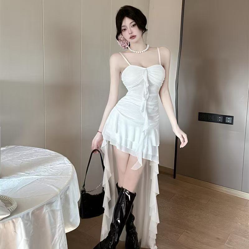 French Ruffle Edge Splicing Suspender Dress Slim and Thin Irregular Skirt Seaside Beach Dress New