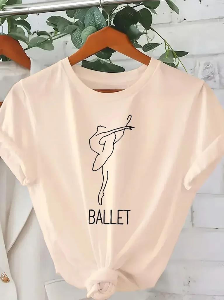 Fashion Tops Women's Elegant Ballet-Themed Graphic Tee Crew Neck T-Shirt with Dancing Figure Design Ballet Dancer T-Shirt