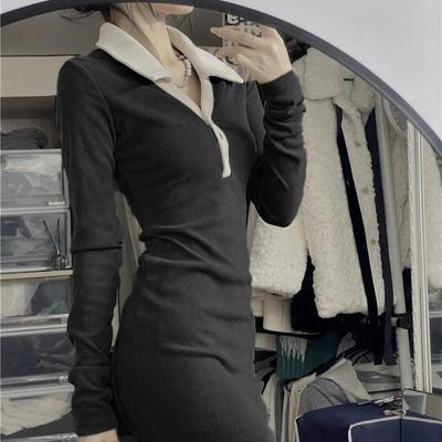 Sexy Black Mini Dress Women Korean Streetwear Casual Polo Collar Button Up Knitted Long Sleeve Dress with Corset Women's A-line Dresses 2022 Hit