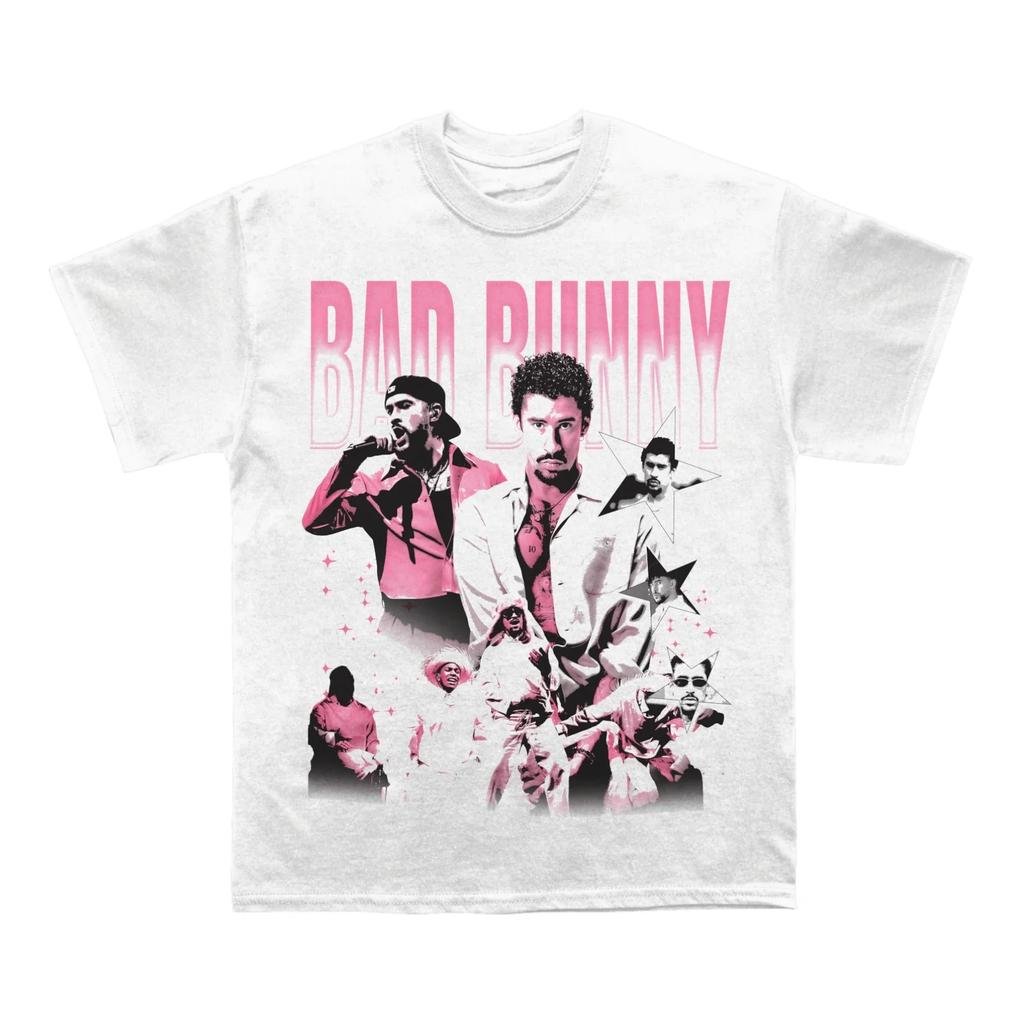 Bad Bunny (Benito) T-shirt Casual en Coton Blanc Fan avec Art Double Face, Paroles et Impressions de Logos Iconiques T-shirts
