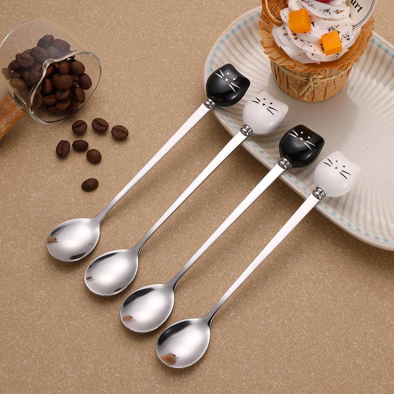 Cartoon Ceramic Spoon Ceramic Black And White Cat Spoon Ice Cream Spoon Stainless Steel Coffee Spoon