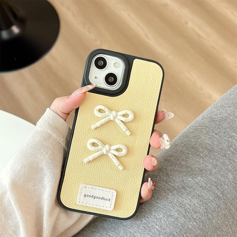 Apple 16 Leather Solid Color Mobile Phone Case Simple Application Iphone15Promax Bow 17 Women'S Internet Celebrity 14