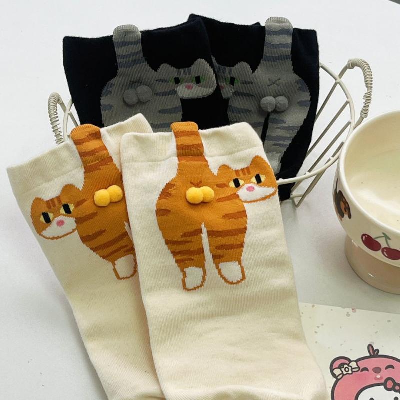 1/2Pair Cartoon Cute Cat Balls Cotton Socks Kawaii Lolita Knitting Socks Women Girls Middle Tube Sock Cat Butt Print Couple Sock