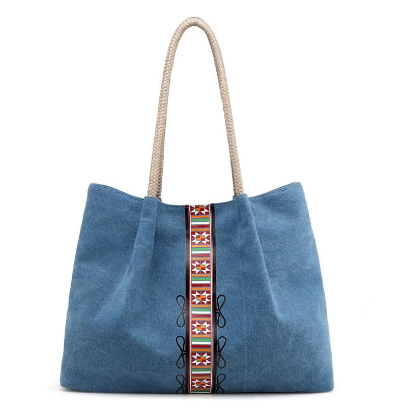 Canvas Tote Bag For Women With Vintage Print Large Capacity Casual Travel Accessory синий