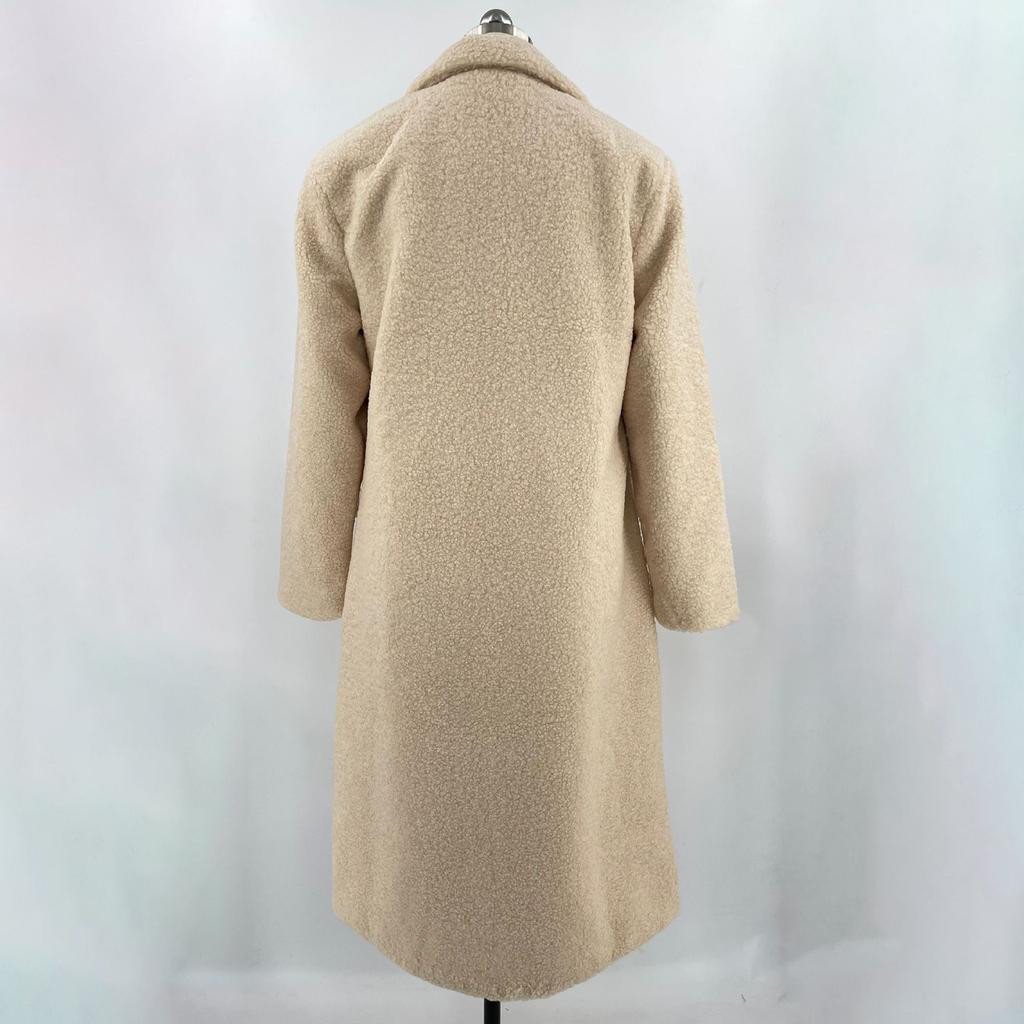 Frauen Winter Warm Plüsch Faux Zweireiher Lange Jacke Revers Pelzigen Taschen Mäntel Mantel Jacke