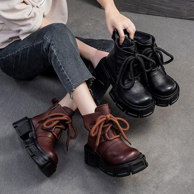 Stivali corti con plateau in vera pelle in stile britannico, retrò, con suola spessa, comodi stivali da donna