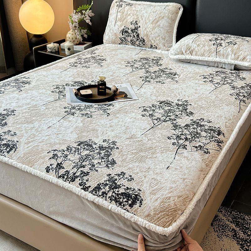 Home carved milk velvet fitted sheet single piece winter plus velvet mattress protector cover full cover bed