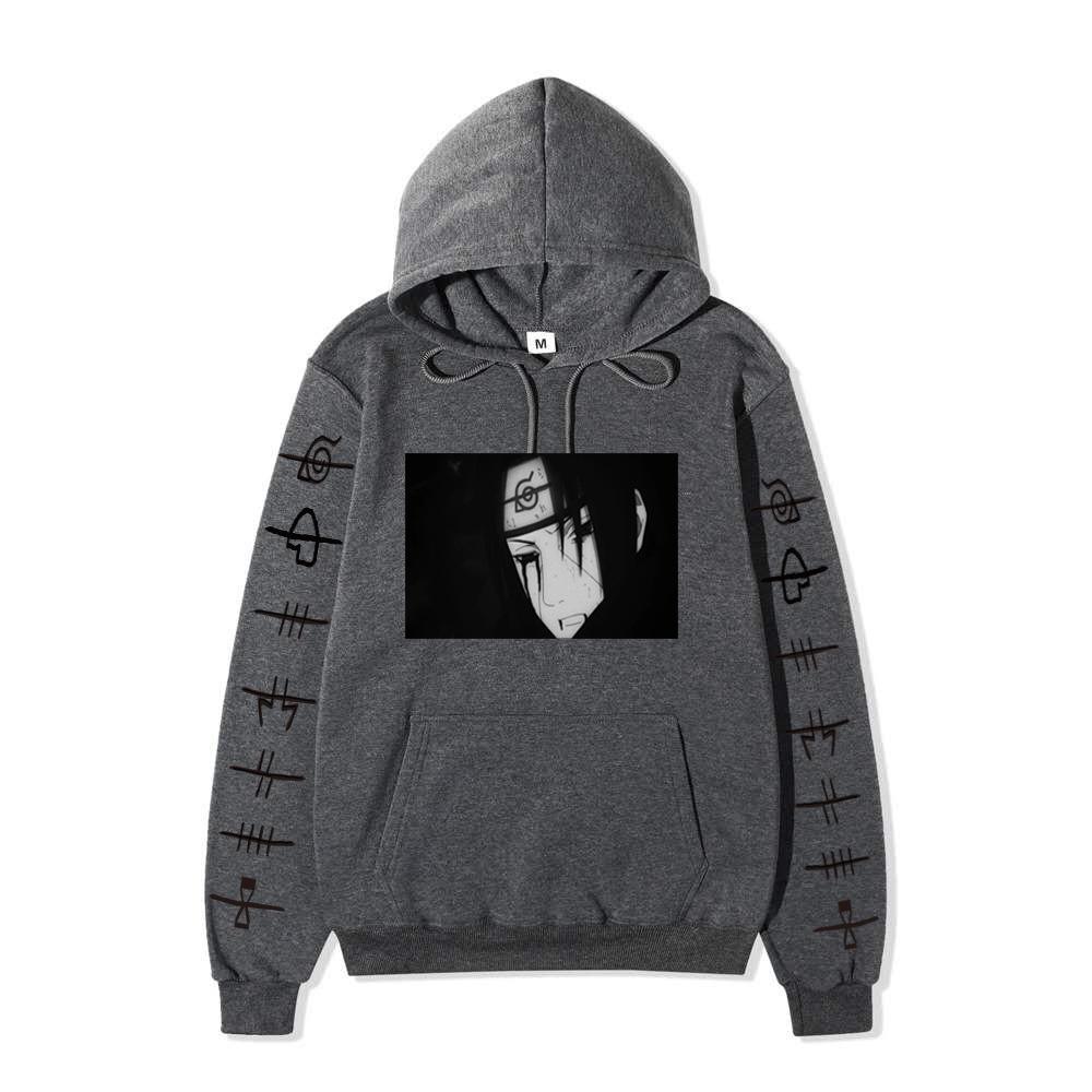 Anime Naruto Itachi Uchiha Hoodie Double Sleeve Symbol Print Character Front Print Pullover Sweatshirt Men Women Streetwear