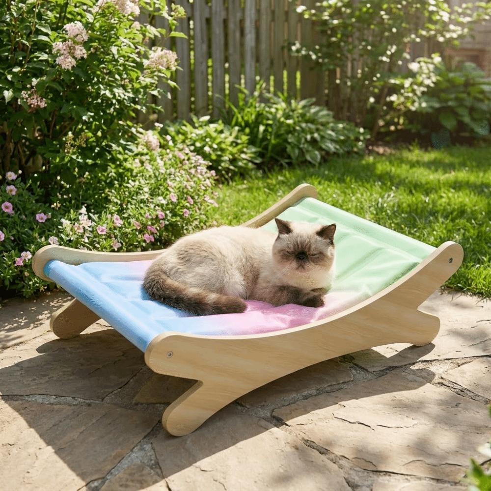 Cute Waterproof Cat Ice Cushion Wooden Frame Cartoon Printed Pet Cooling Mat Elevated Design Breathable Cat Ice Bed Balcony