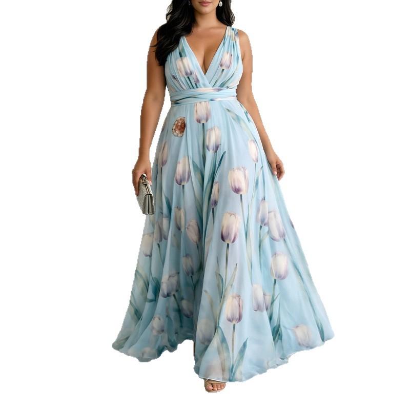 Women's spring new, European and American dresses, temperament printed waist V-neck dresses