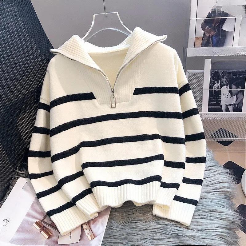 Female Pullover Knit Loose Clothing Zipper Pullovers Shirts and Blouses Long Sleeve Autumn Winter