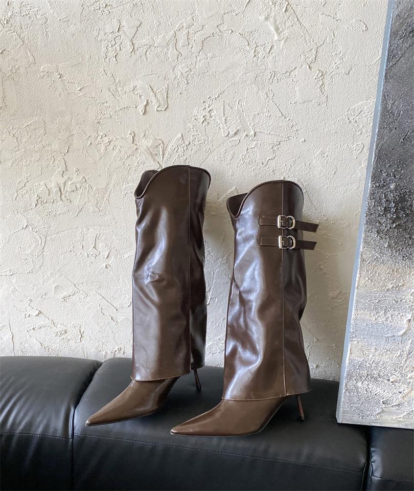 

Niche design thin heel pointed trouser boots 2025 new versatile retro high heel boots women s knees 39 темно-коричневого