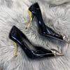 Fashion Black Golden Patchwork Women Sandals High Heel Patent Leather Square Toe Slip On Stiletto Cover Heel Luxury Summer Dress Shoes