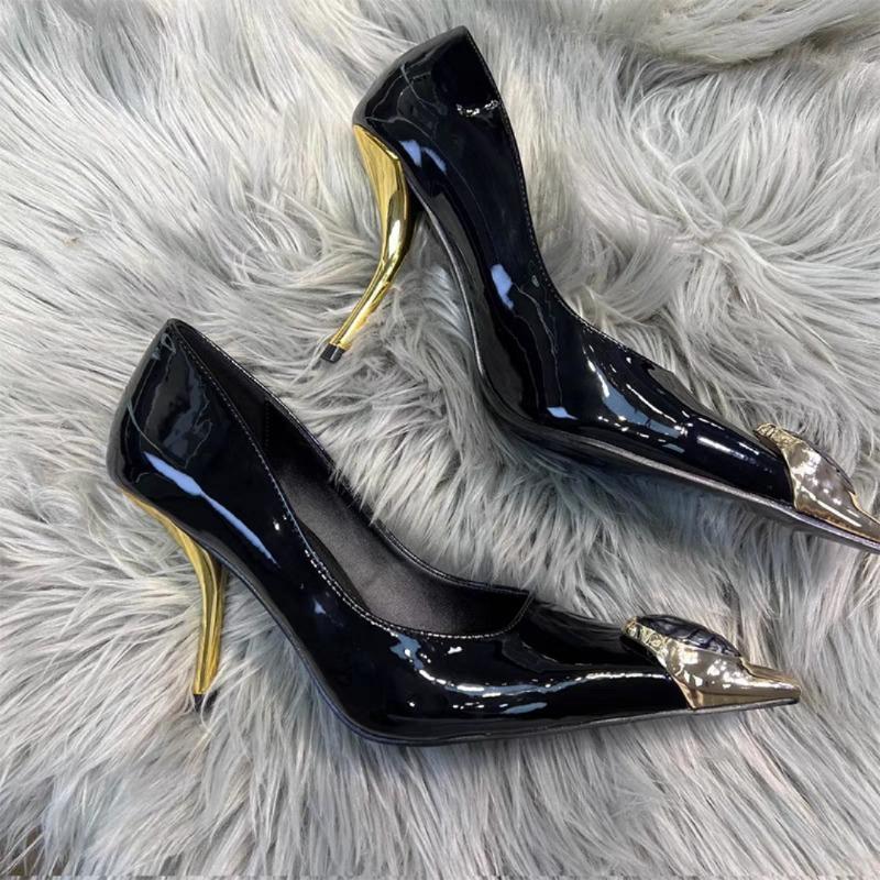 Fashion Black Golden Patchwork Women Sandals High Heel Patent Leather Square Toe Slip On Stiletto Cover Heel Luxury Summer Dress Shoes