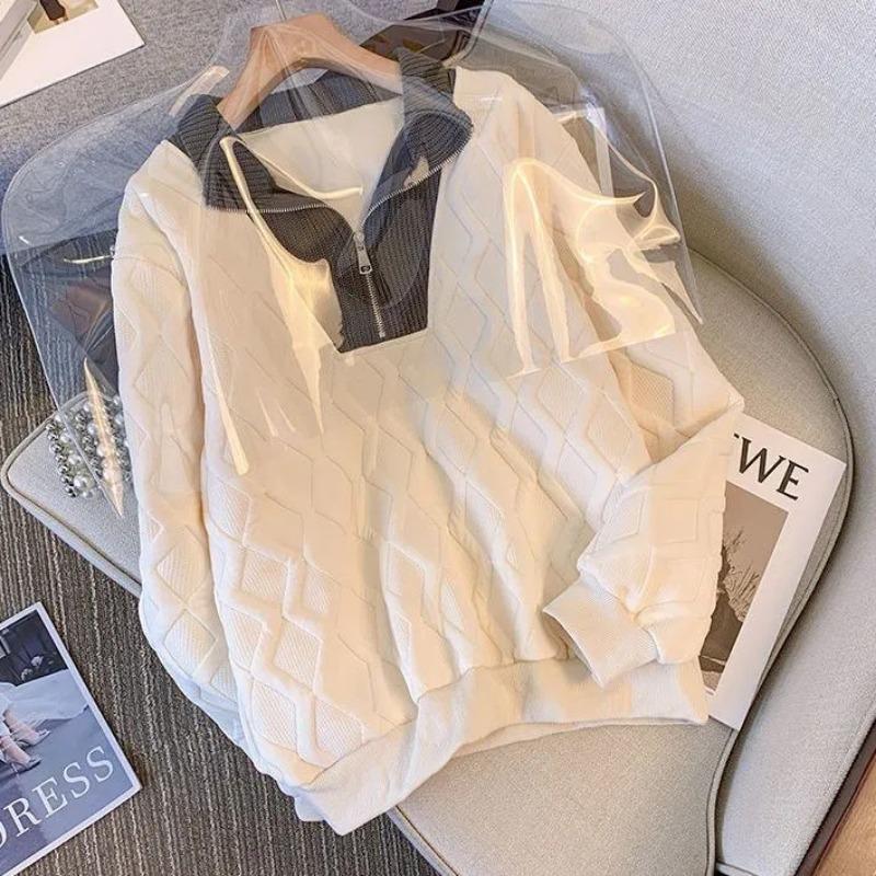 Modisches Design Stehkragen Halber Reißverschluss Kontrastfarbe Pullover Damen Herbst Locker und Vielseitig Lässiger Pullover