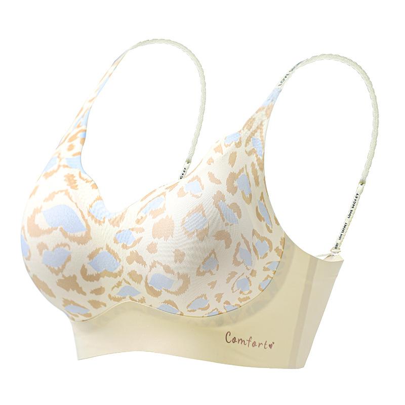 Sticky ice silk without steel ring, leopard print, letter thin shoulder strap, fixed cup, cross beautiful back, bra cover can be