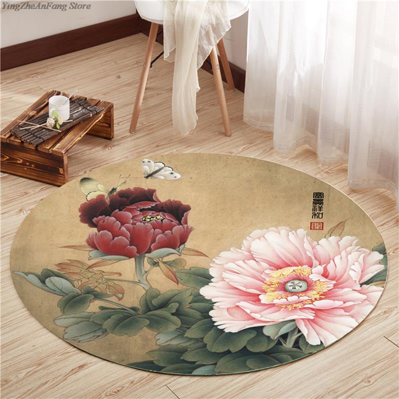 Rond Chinese Stijl Lotus Tapijt Chinese Schilderkunst Kunst Geprint Tapijt Woonkamer Slaapkamer Decoratie Tapijt Bedside Antislip Vloermat