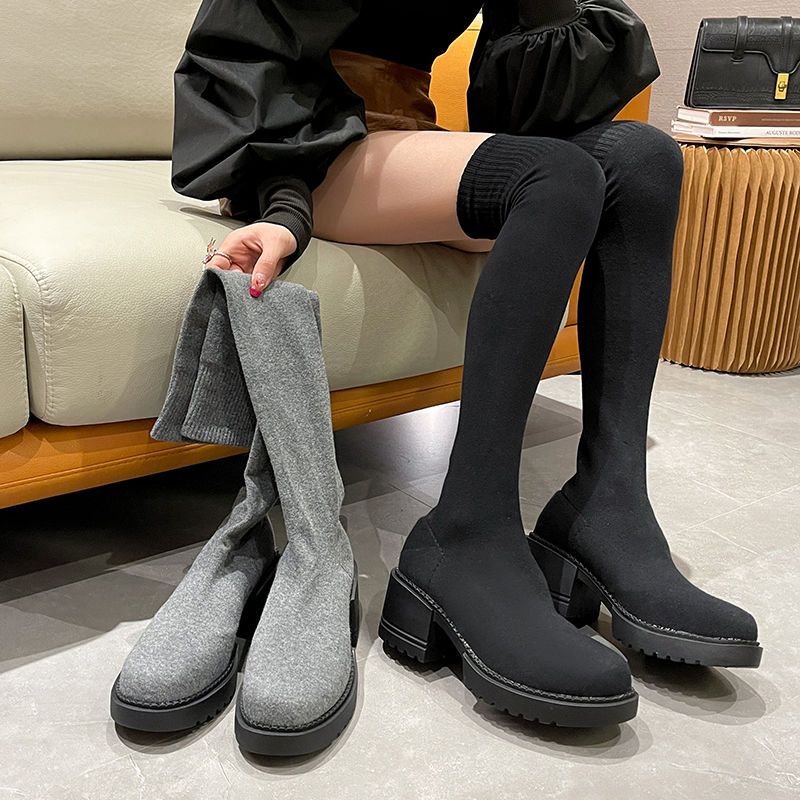 Fashion Elegant Heeled Platform Round Toe Women's Thigh High Boots Spring Autumn Chic Elastic Ladies Sock Above Over The Knee Shoes Sale